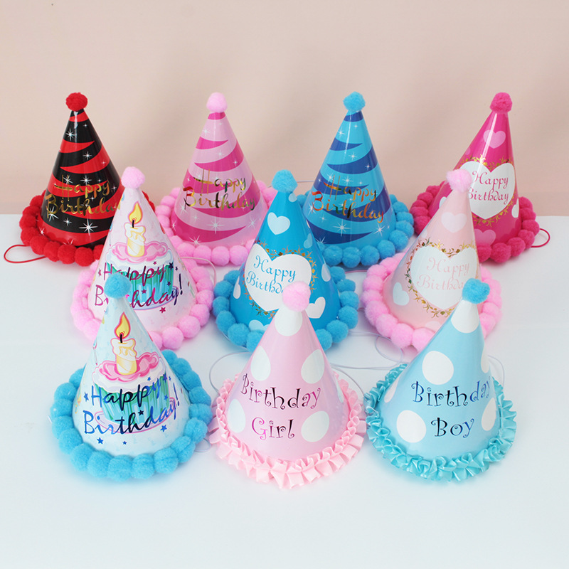 Wholesale Party Supplies Cake Hat Children Adult Year-Old Dress up Kindergarten Pointed Birthday Paper Hat Fur Ball