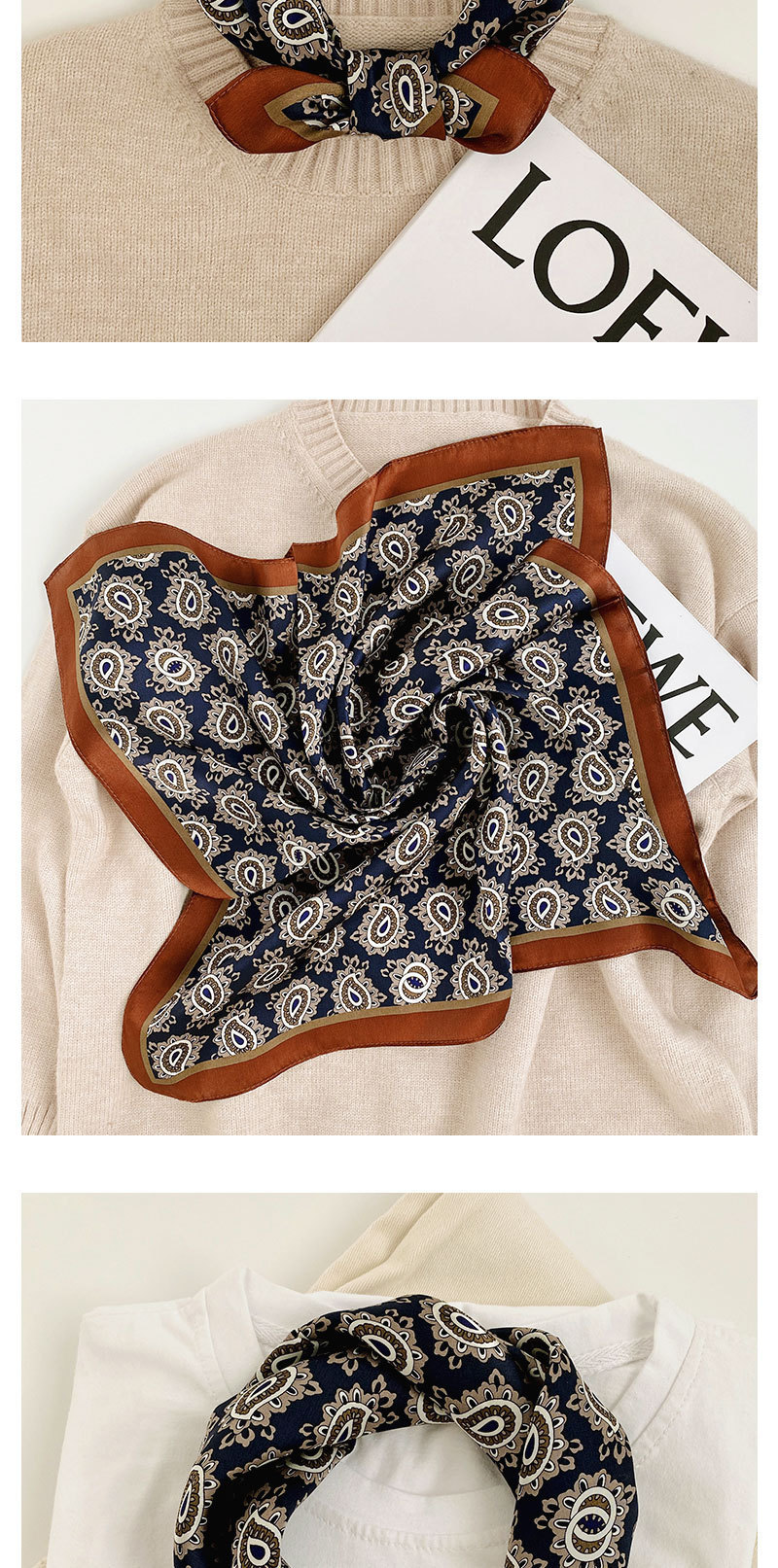 复古腰果花纹印花真丝小方巾女丝巾春秋季53x53气质装饰职业领巾