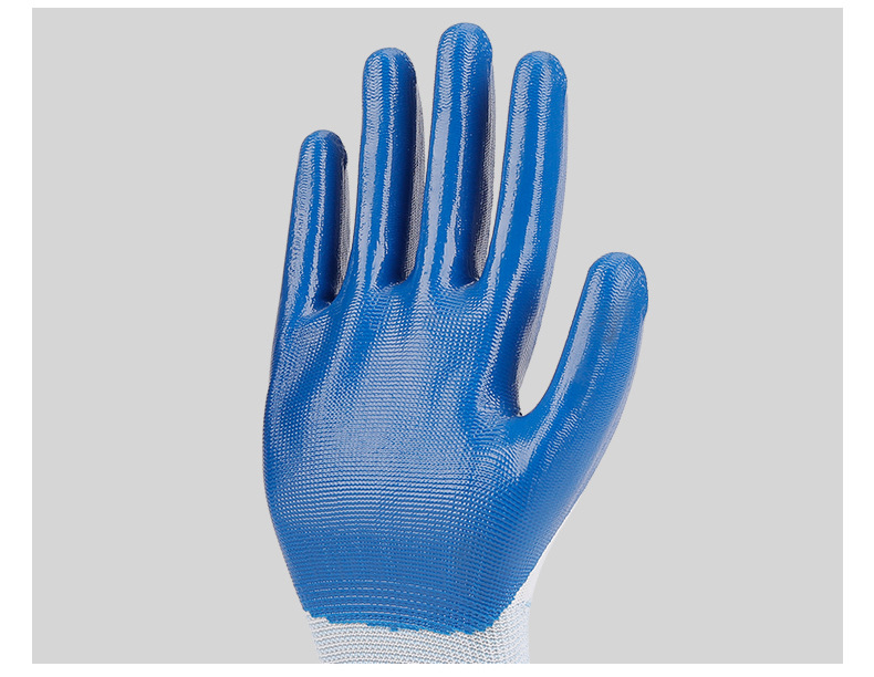 13针尼龙白纱蓝丁腈手套耐磨防滑工地搬运劳保手套防护挂胶手套