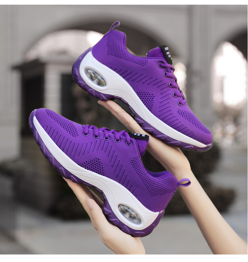 四季飞织气垫跨境女鞋纯色厚底轻便前系带圆头网布低帮运动休闲鞋