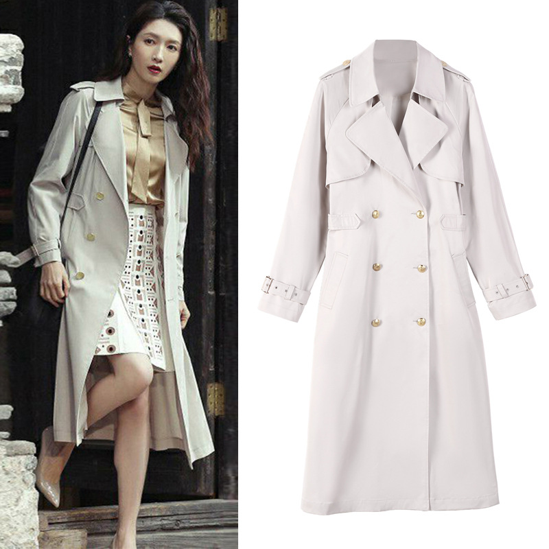 2021春秋江疏影明星同款三十岁而已王漫妮英伦米色中长款风衣外套
