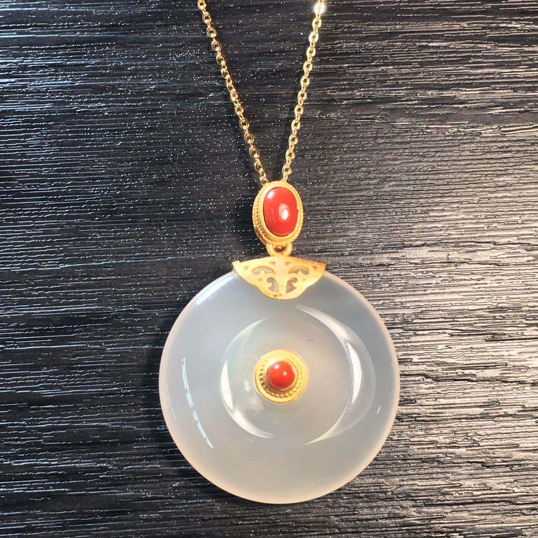 天然南红玛瑙平安扣吊坠女 925银镶嵌荔枝冻南红时尚挂坠套链批发