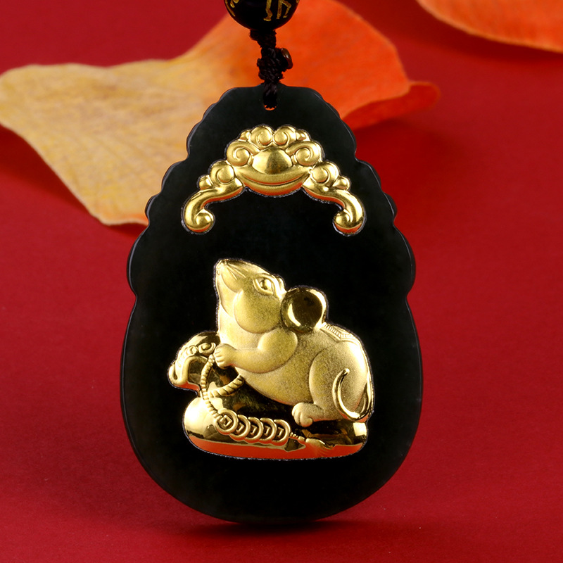 金镶玉挂件和田玉墨玉12十二生肖本命年吊坠玉石项链旅游会销礼品