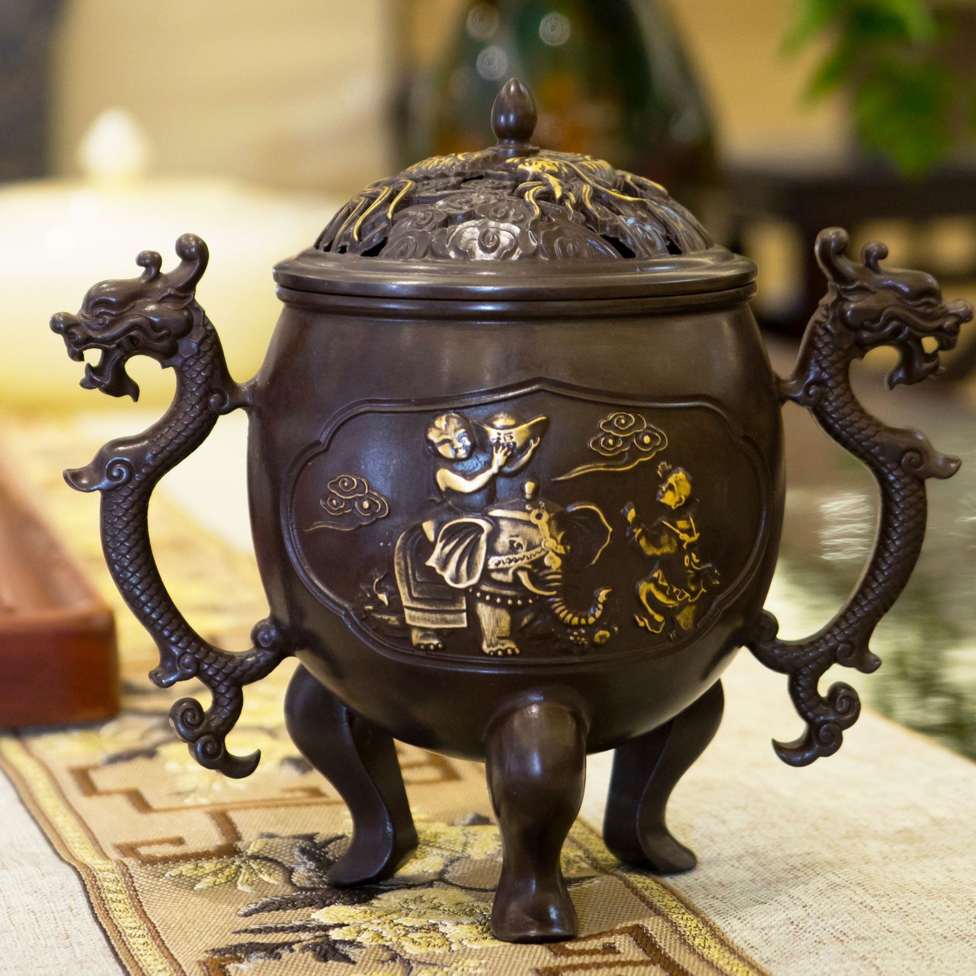 南风 纯铜大香炉双龙耳圆鼎熏香炉 供奉摆件两用炉盘香线香铜炉