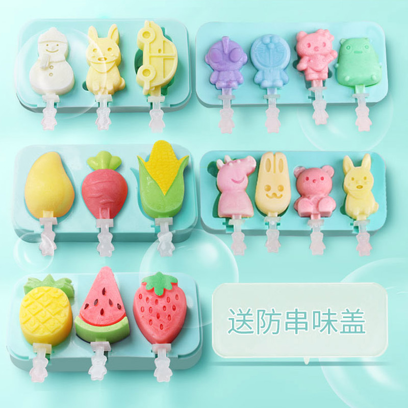 Silicone Ice Cream Mold 3-Piece 4-Piece Fruit-Shaped Cartoon Ice Cream Ice Tray with Circulation Stick Easily Removable Mold Kitchen Tools