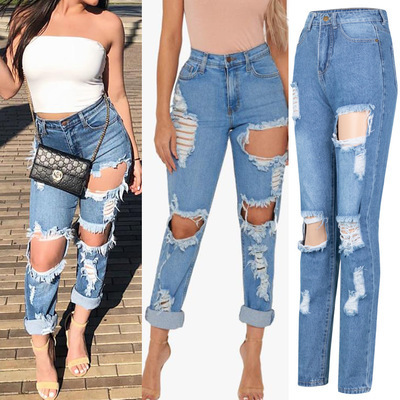 6214# AliExpress Russia Loose plus Size Boyfriend Big Ripped Sexy High Waist Jeans for Women