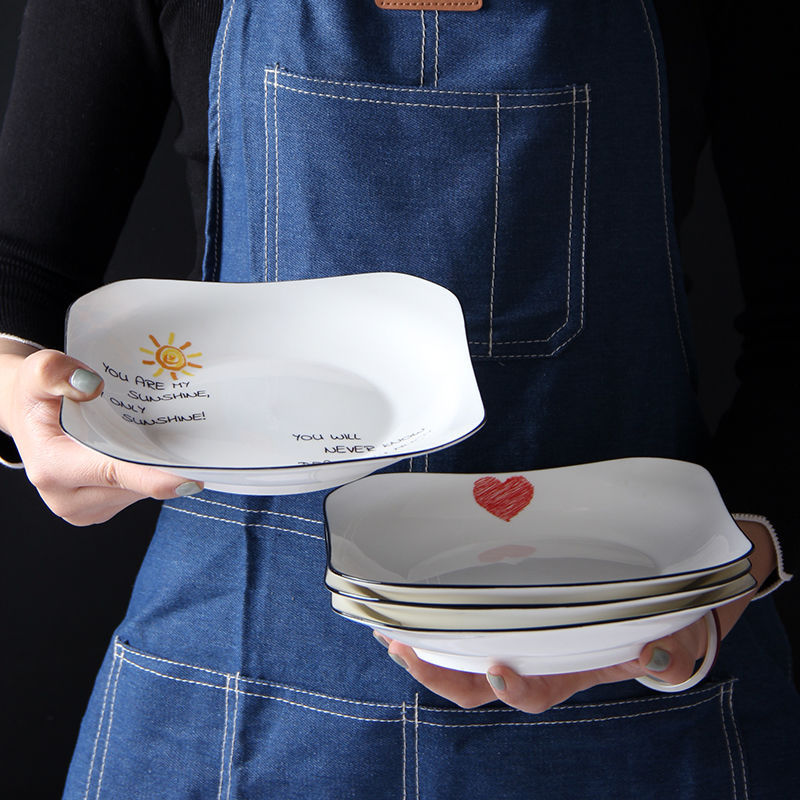 4个装盘子菜盘家用 陶瓷饭盘深盘早餐盘创意黑边四方盘日式菜碟子