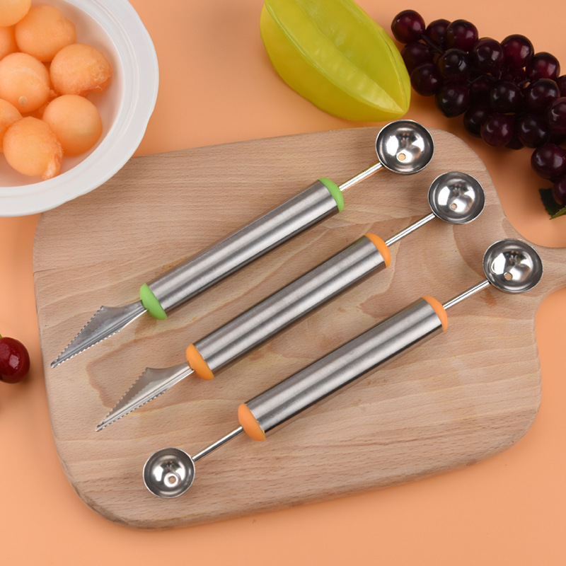 厂家直销水果冰淇淋挖勺器不锈钢水果雕花刀双头多用水果挖勺器