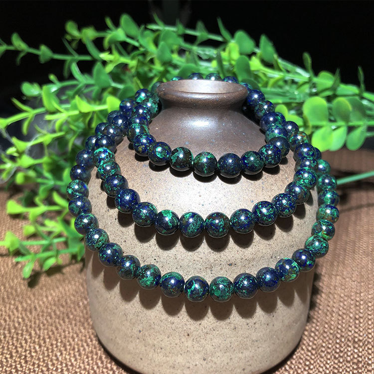 厂家直销天然蓝铜矿108颗佛珠蓝色星球图案丰富独特复古个性手链