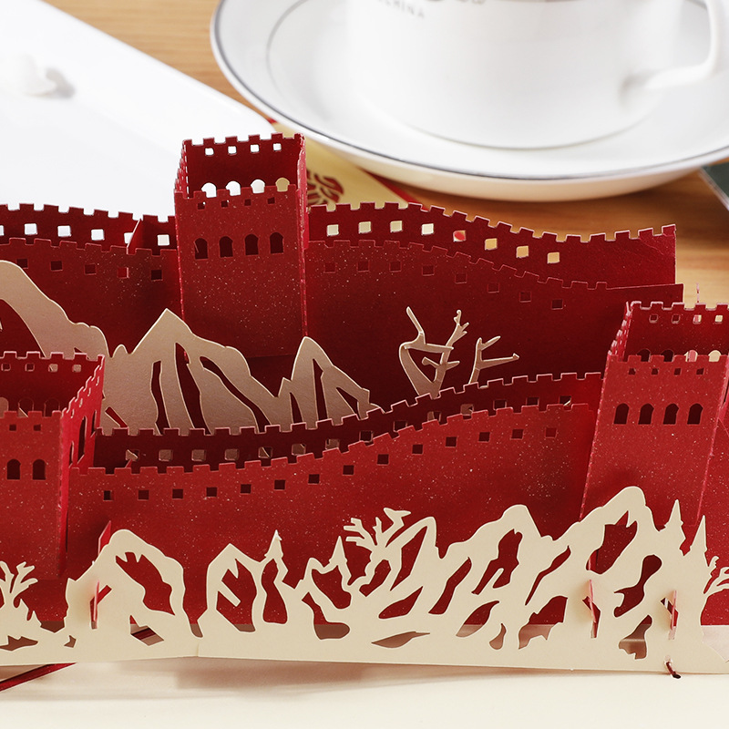 中国风万里长城3d立体贺卡批发 创意旅游纪念明信片 剪纸祝福贺卡