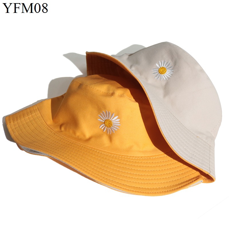 Double-Sided Little Daisy Bucket Hat Children's Fashion Korean Style Japanese Style Sun-Proof Basin Hat SUNFLOWER Chrysanthemum Embroidered Sun Hat Men