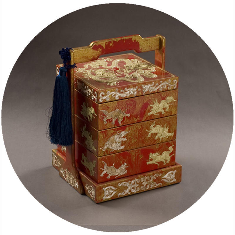 推光漆器多层分格带盖食盒 仿古漆器传统堆漆工艺 传世佳品提篮盒