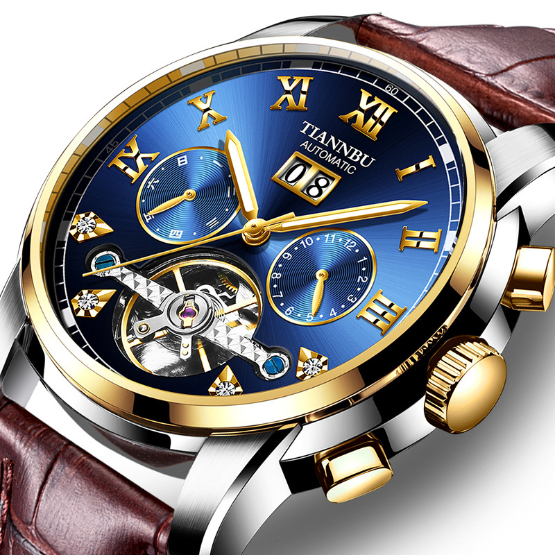 天博正品全自动机械表男士日历星期月份多功能钢蝴蝶扣陀飞轮手表