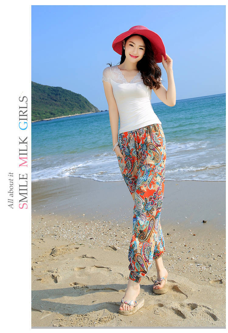 (人棉)海边度假沙滩裤女士夏季薄款哈伦灯笼裤防蚊裤宽松棉绸睡裤