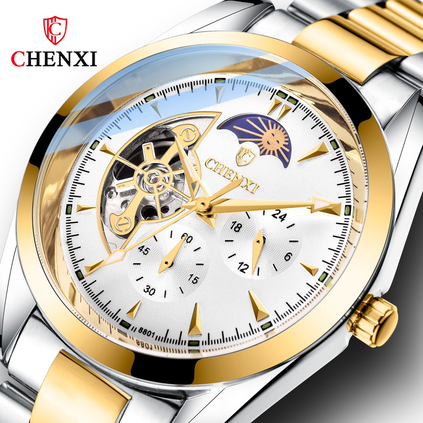 手表男机械表晨曦品牌商务腕表8801 广州厂家批发男士机械手表