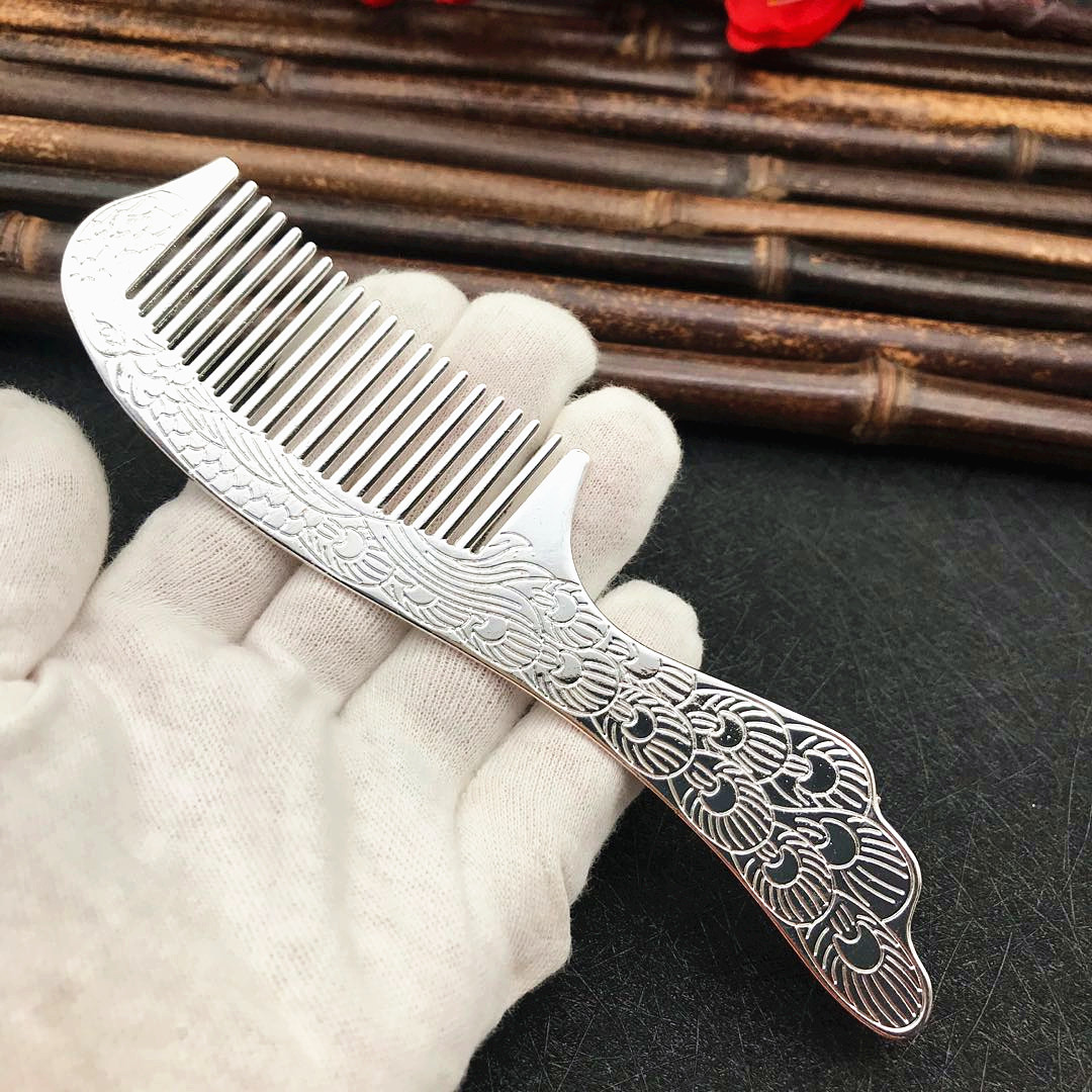 地摊景区热卖高档镀银核子时尚精美节日银梳子礼品流行合金银梳子