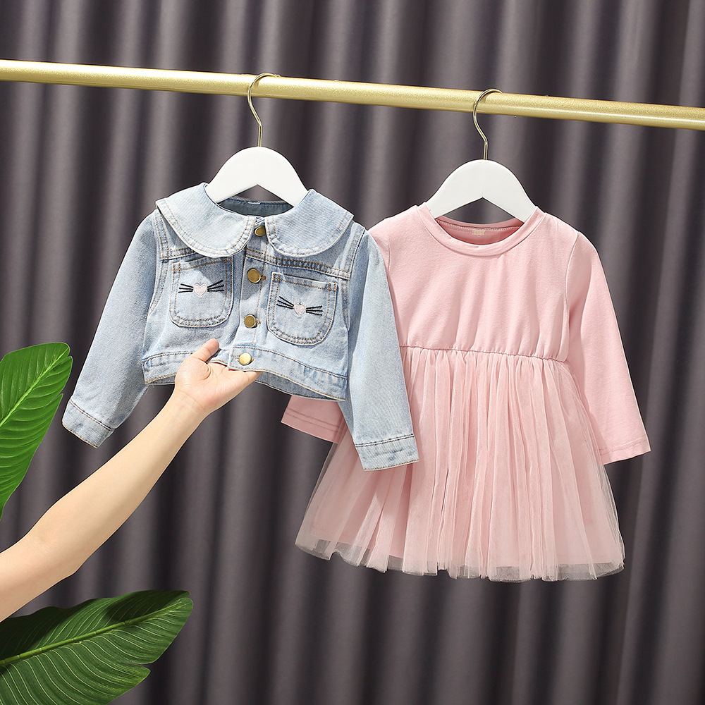 小女孩两件套裙子秋装可爱猫咪牛仔外套公主网纱裙一件代发e20308