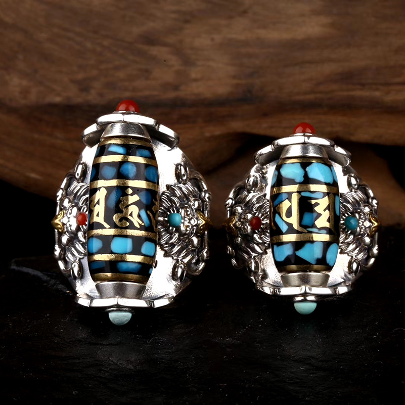 大鹏鸟藏式旋转天珠六字真言银镂空可调节镶嵌湖北松石南红-阿里巴巴