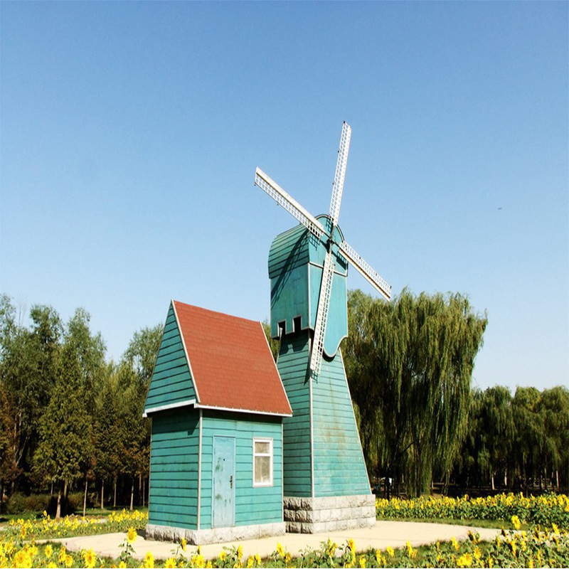 定制防腐木户外荷兰风车田园风车房景观大型旋转风车碳化木水车轮