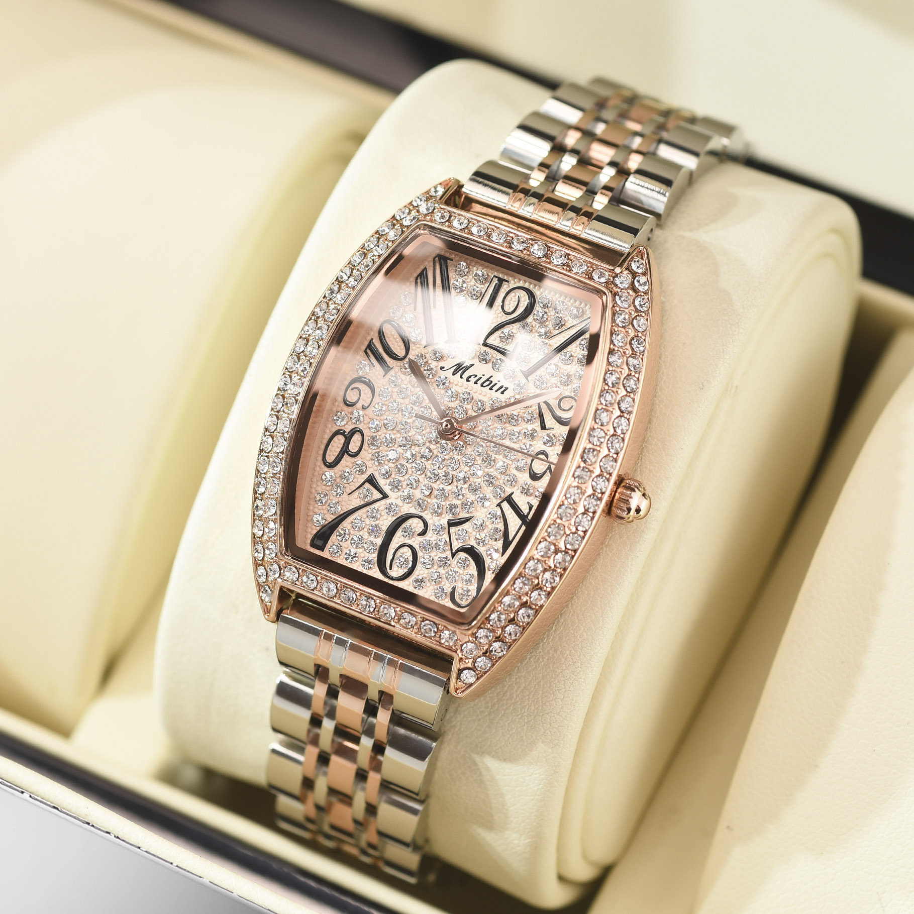 时尚方形酒桶表盘镶钻 防水女士石英电子手表 meibin/美宾 1359