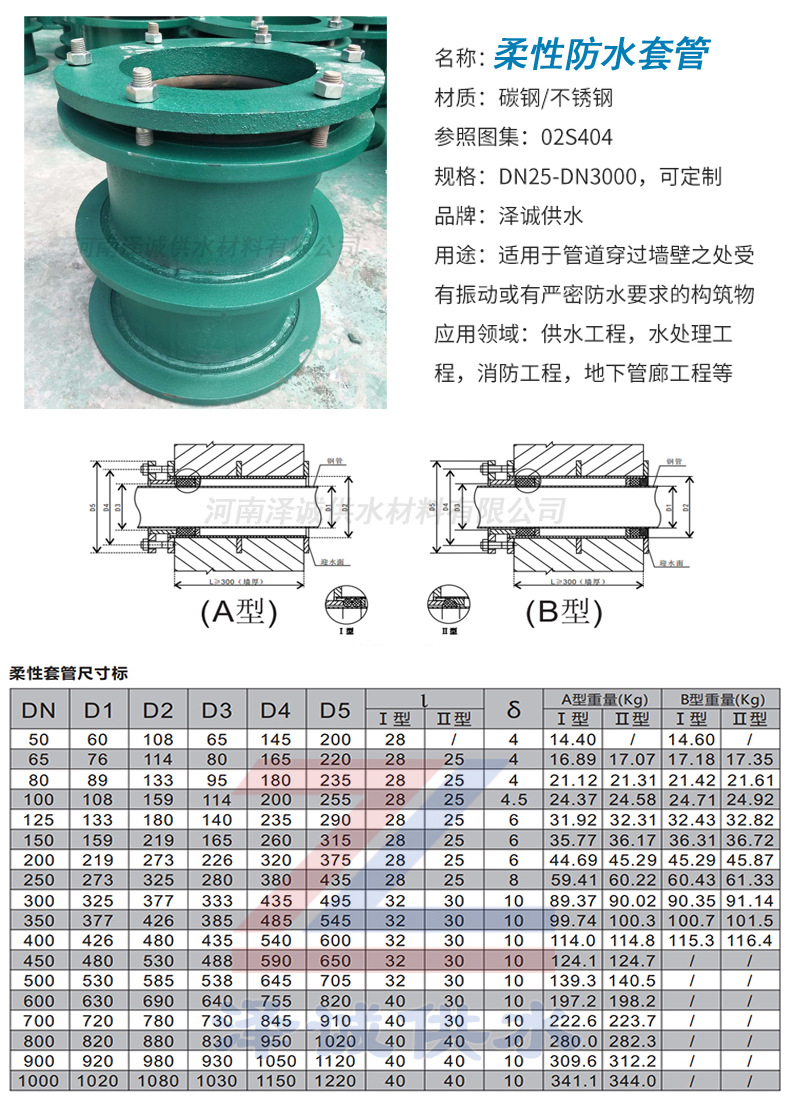预埋柔性防水套管b型 02s404柔性防水钢套管dn200 钢制柔性套管