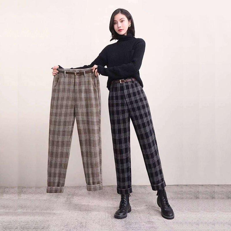 高腰小脚格子裤女