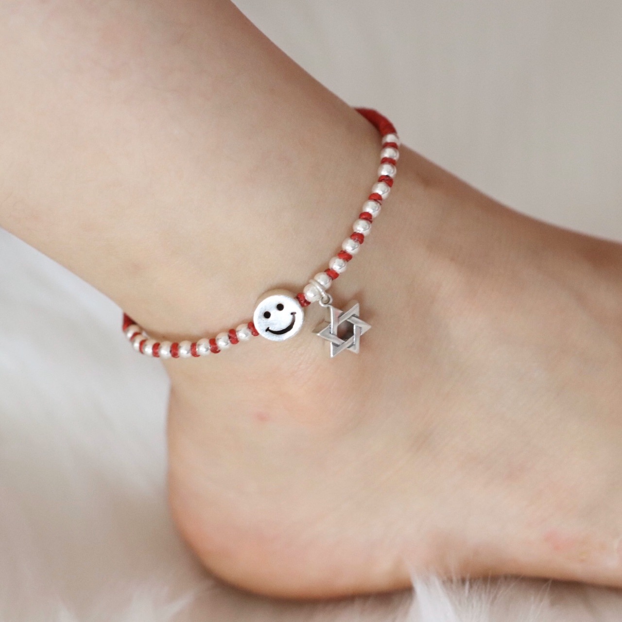 原创s925纯银六芒星微笑脚链 时尚笑脸手工编织银珠脚环 女生礼物