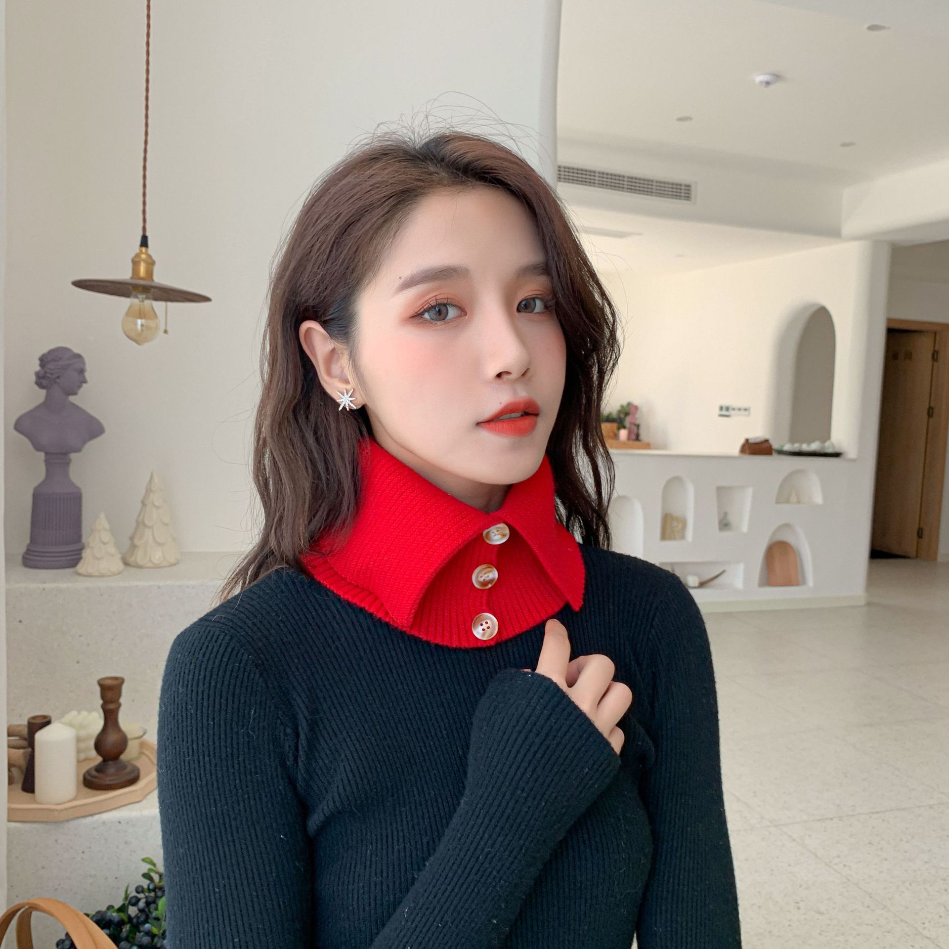 2020秋冬新品毛衣针织毛线颈椎时尚纽扣保暖高领女脖套假领子围脖