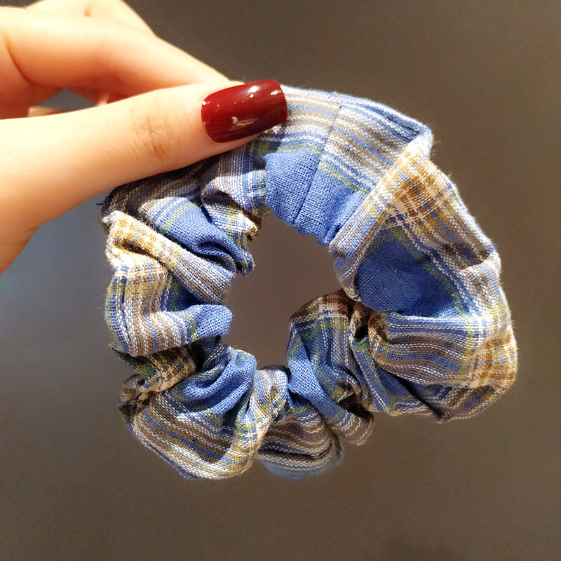 复古格子大肠圈法式少女扎马尾头绳蓝色格纹大肠发圈brandy发饰女
