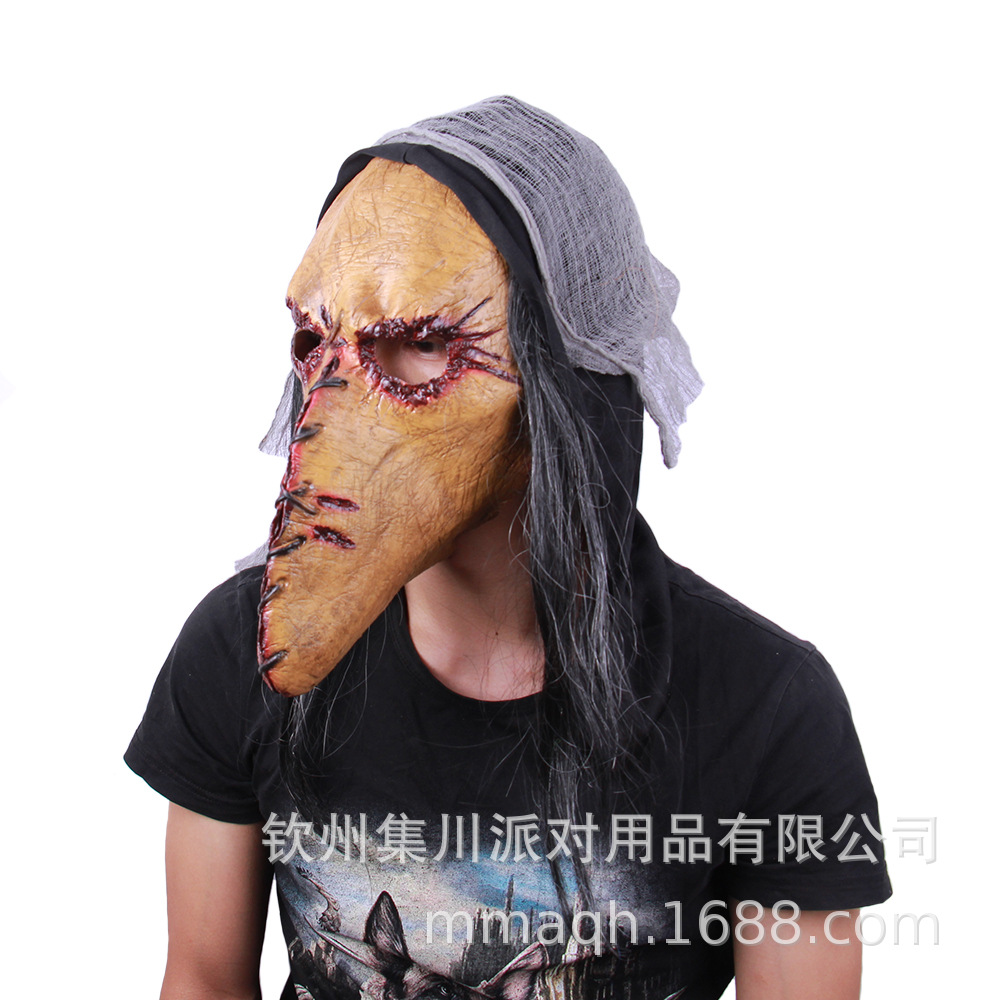 新款恐怖血骷髅鸟头面具血腥缝线长鸟嘴乳胶面罩朋克瘟疫鸟嘴面具