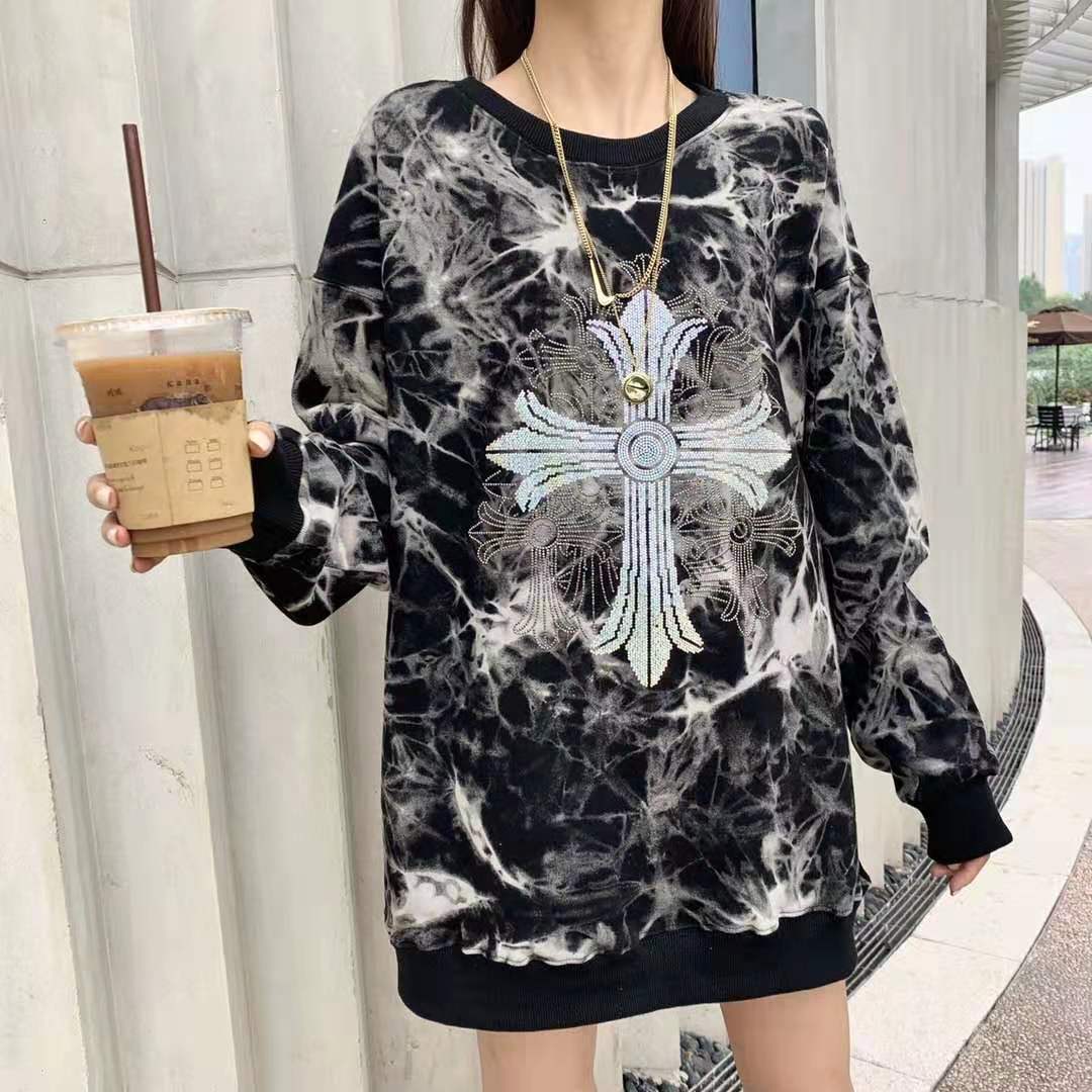 秋冬 克罗心重工艺扎染胸前大面积烫钻女士圆领潮牌卫衣一件代发