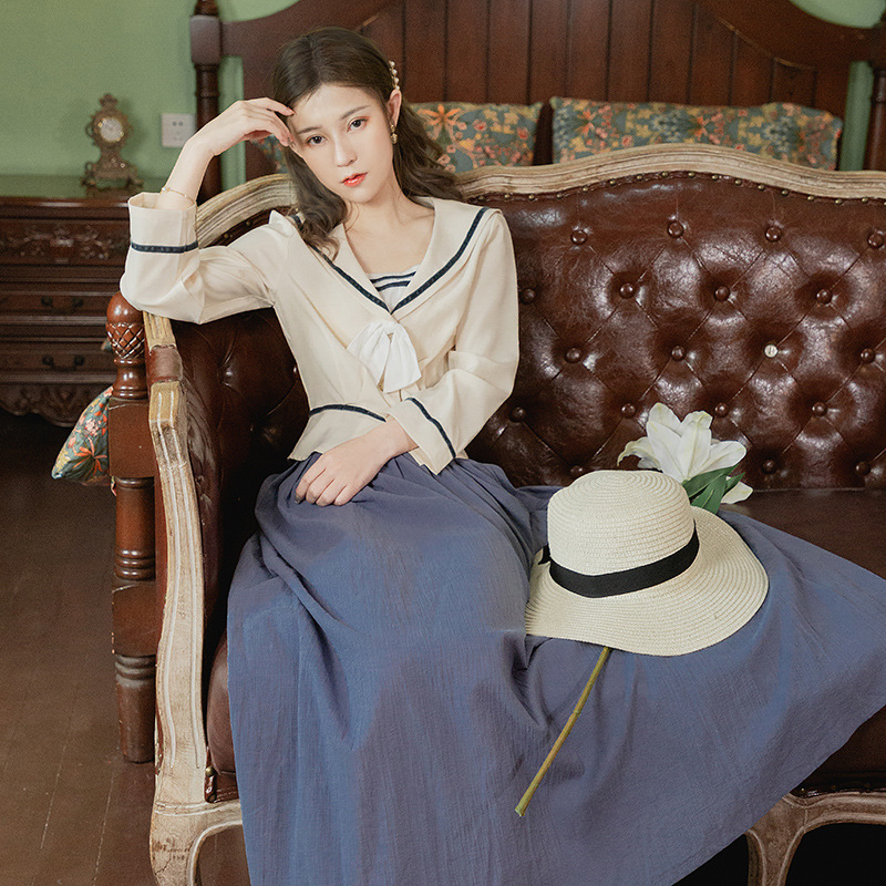 2020新款港风套装女复古chic水手海军风复古少女套装早秋两件套