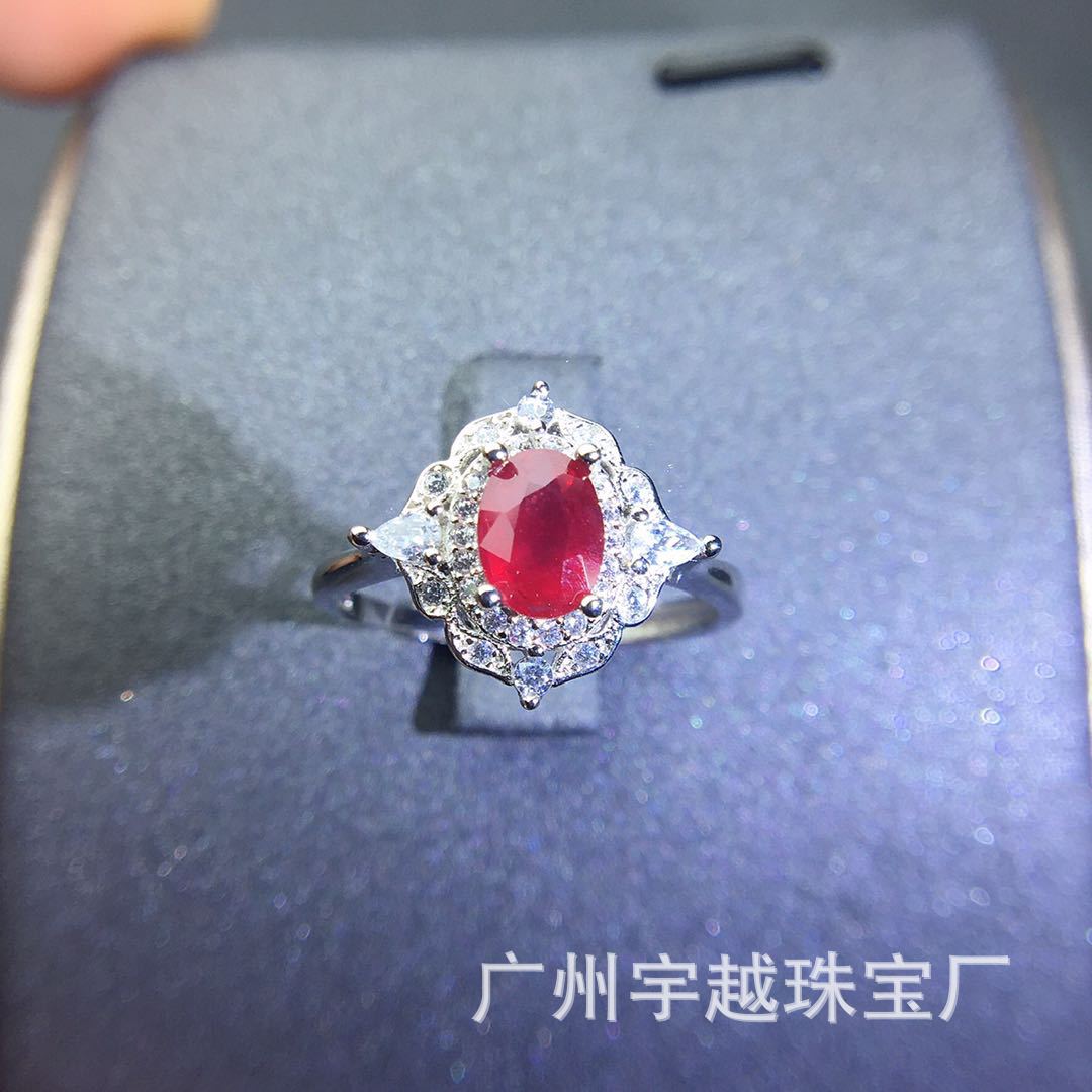 缅甸红宝石戒指女 鸽血红晶体透 925银花朵欧美宫廷风 可出证书