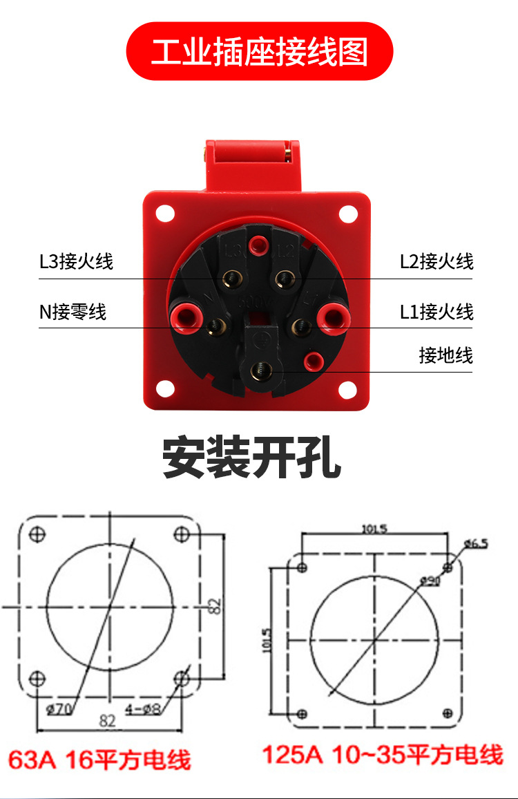 ip67工业插头航空插座63/125a连接器3芯4芯5三相四线380v防爆插头