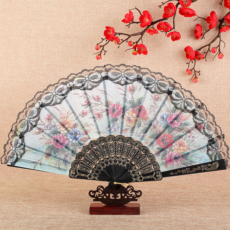 Black Rod Lace Lace Edge Fan Chinese Style Dance Props Plastic Classical Female Fan Exquisite Silk Cloth Gift Fan