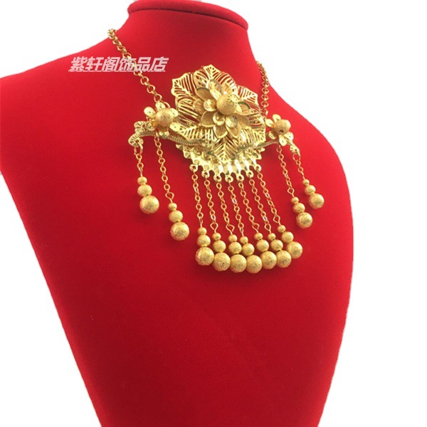 新娘古装中式旗袍秀禾服 纯金色流苏项链配饰秀禾龙凤褂结婚饰品