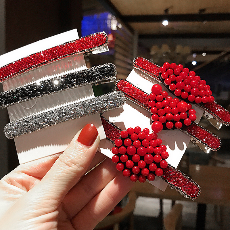 韩国东大门新款新年红珍珠发夹发卡女网红刘海边夹后脑勺一字夹潮