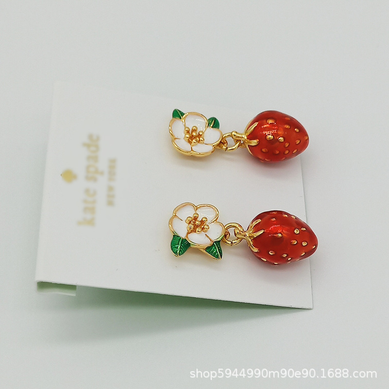 外贸饰品ks家 跨境货源精美迷你草莓金色耳钩 铜材电镀18k真金