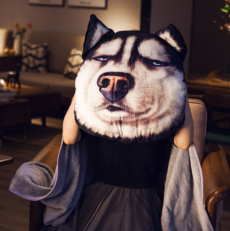 可拆洗 哈士奇抱枕被子两用三合一 个性二哈3d狗头靠枕午睡枕头