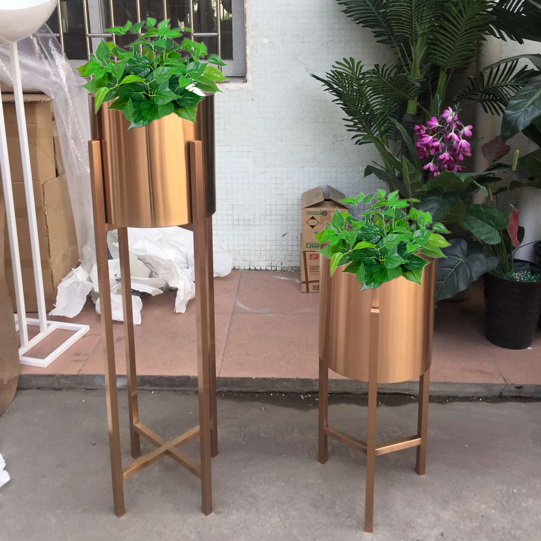 商场写字楼简欧金属烤漆花架花器花钵电镀不锈钢镜面反光效果花盆