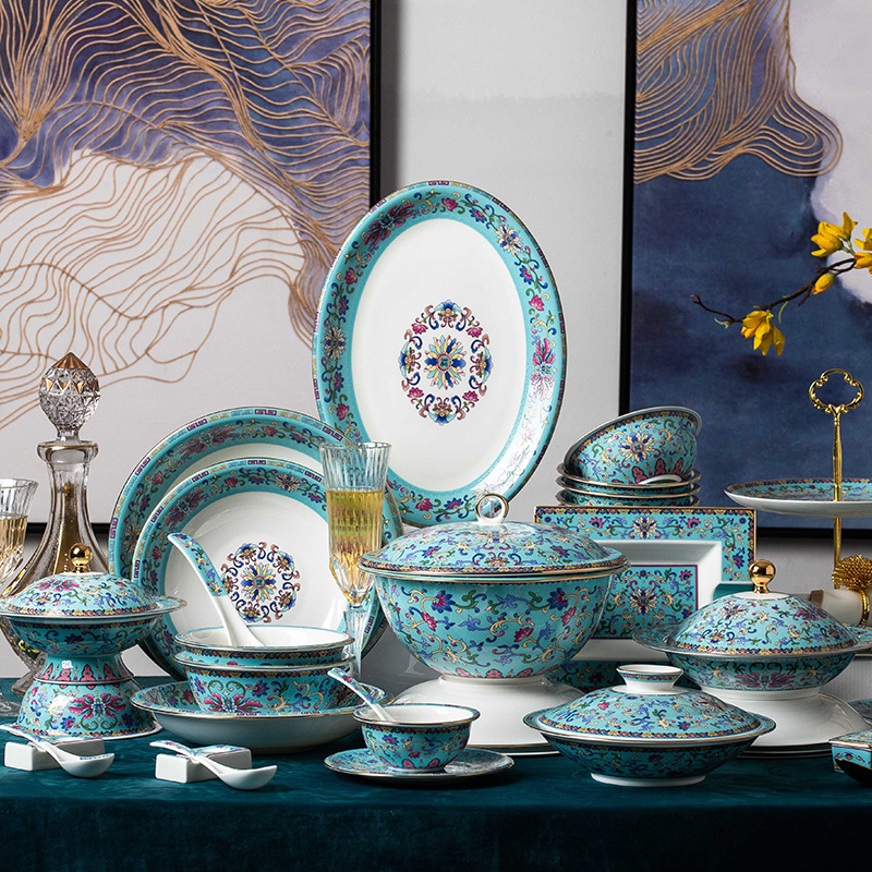 high-end tableware suit 72 head enamel household jingdezhen ceramic tableware gift package wholesale