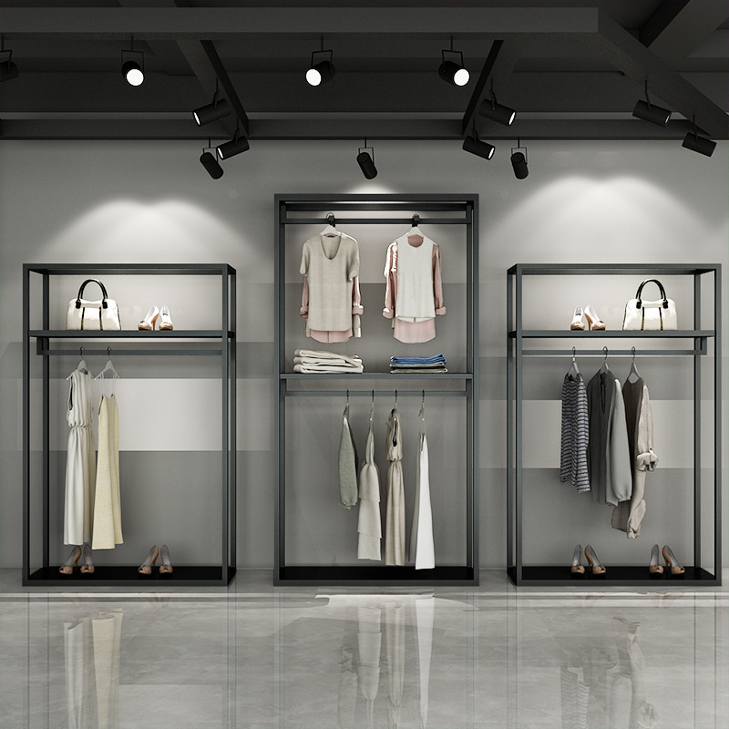 服装店展示架双层挂衣架男女服装店货架铁艺陈列架侧挂衣架落地式