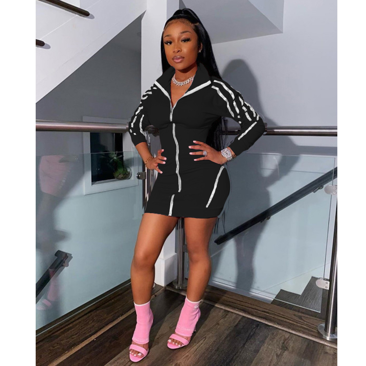 yy5210性感女士短款连衣裙拉链开衫织带特色超短连衣裙ebay热卖