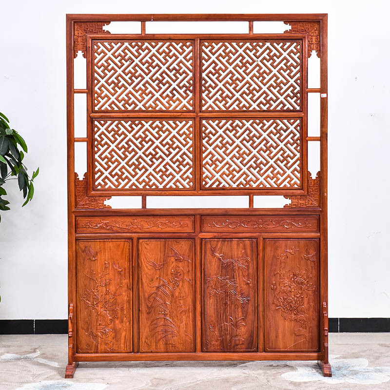 艺铭天下红木家具缅甸花梨木屏风大果紫檀实木新中式客厅镂空隔断