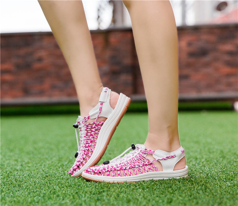 粉红夏季女沙滩鞋户外女士休闲鞋情侣罗马凉鞋包头潮鞋编织女鞋子