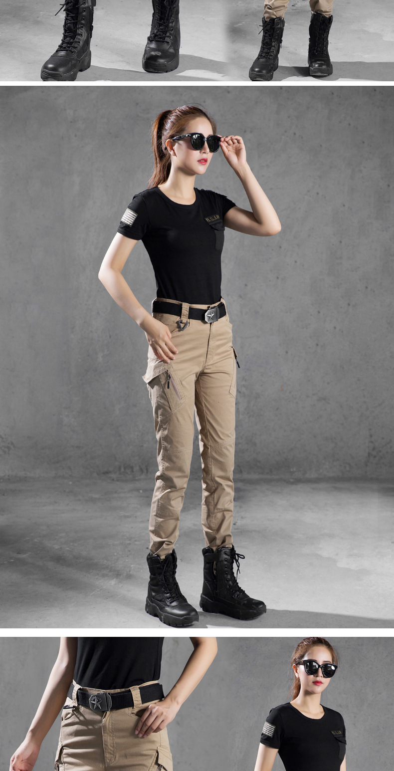 户外迷彩工装裤女军绿色多口袋宽松显瘦高腰军裤休闲登山长裤子