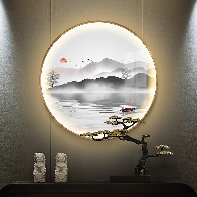 玄关发光装饰画带灯圆形墙面挂画新中式背景墙卧室床头山水画屏风