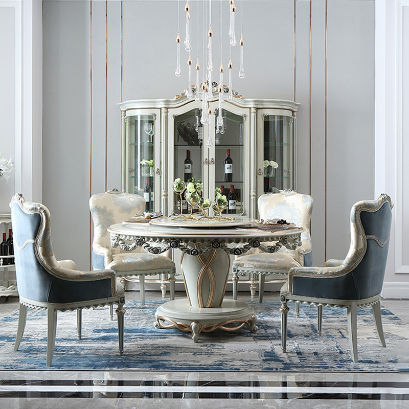 法式轻奢简约圆桌家用实木雕花带转盘一桌六椅欧式餐桌椅组合