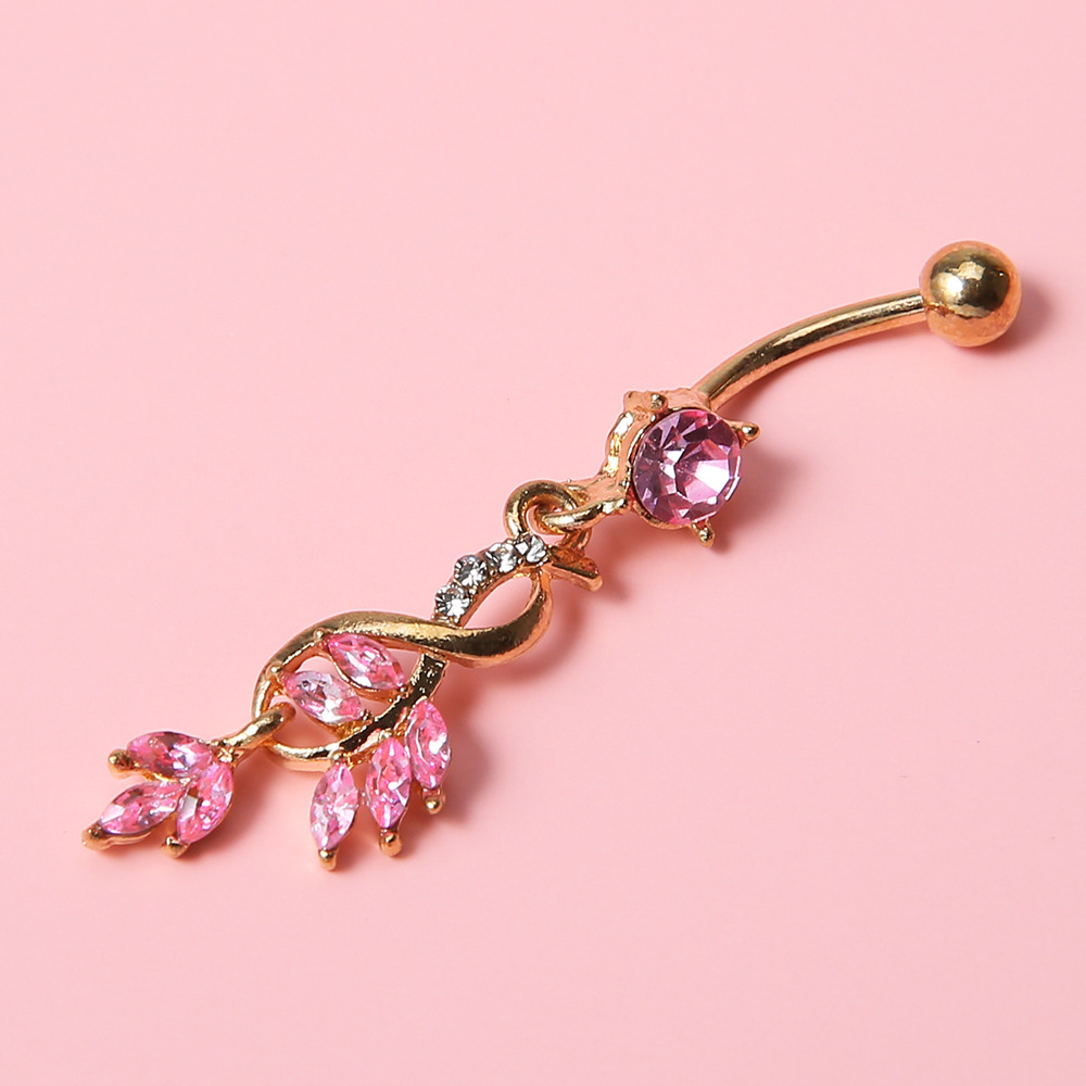 韩版叶子满钻肚脐环 高端花形镶钻肚脐钉 人体穿刺饰品 肚脐环扣