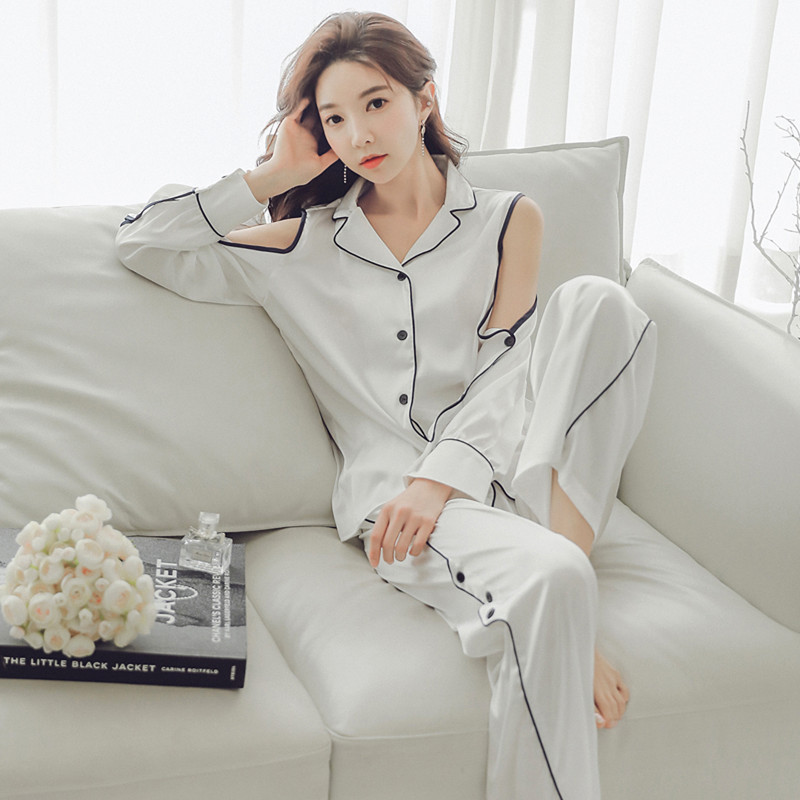 Spring and Summer Anti-Current High-Density Same Style Artificial Silk Sexy off-Shoulder Pajamas Women's Suit Large Size Ice Silk Home Wear
